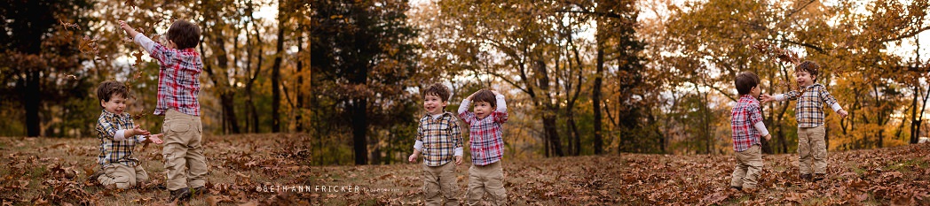 toddler twin boys playing with leavesbelmont ma family photographer