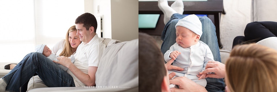 family on couch with baby Boston Newborn lifestyle PHotographer