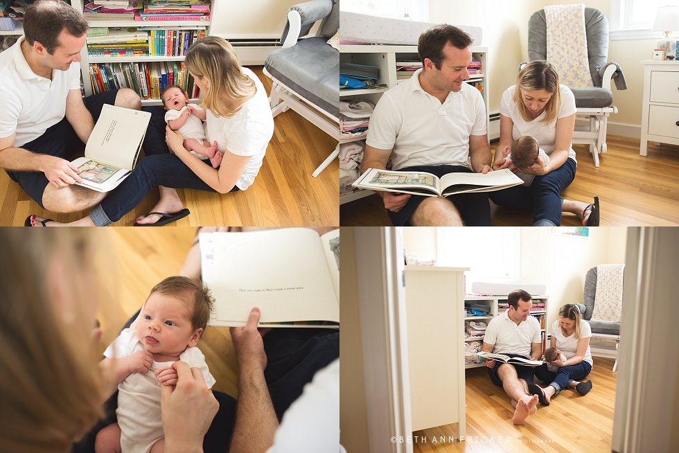 Boston newborn lifestyle photographer reading to newborn