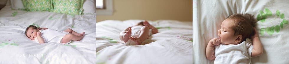 Boston newborn lifestyle photographer newborn on bed
