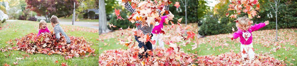 outdoor sibling  photos playing in leaves Wellesley Newborn photographer