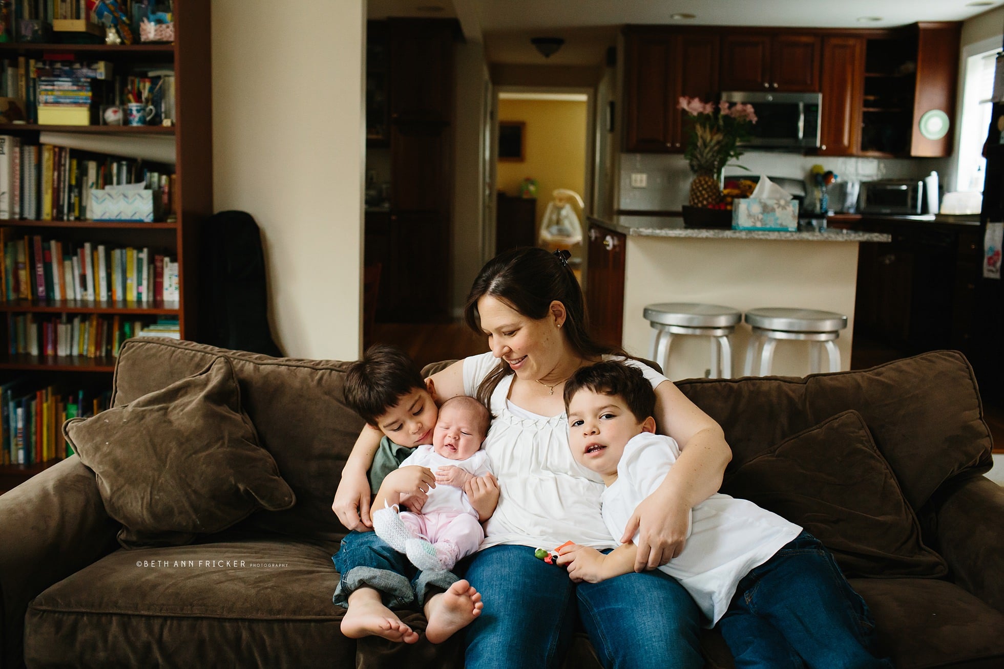 Mom with newborn and older siblings Boston Baby Photos