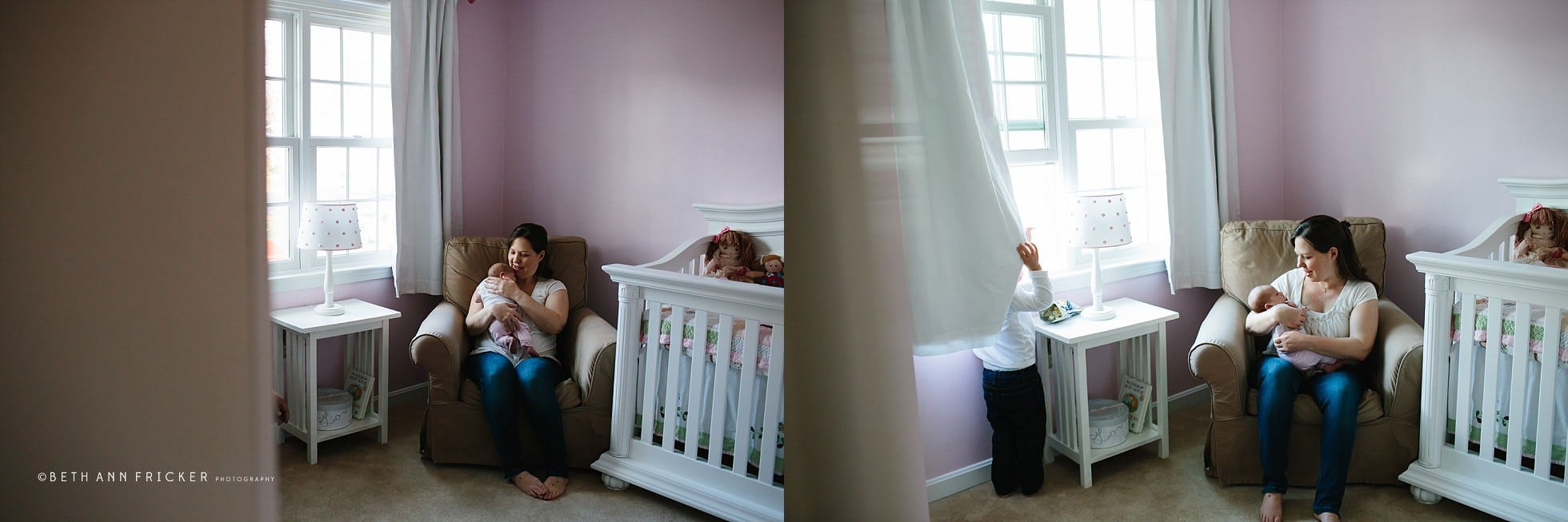mom with newborn baby girl in rocking chair Boston Baby Photos