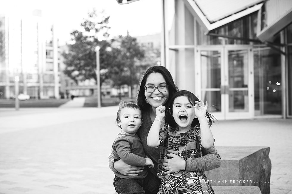 family hug outside of Stata buidling Cambridge MA Family photographer