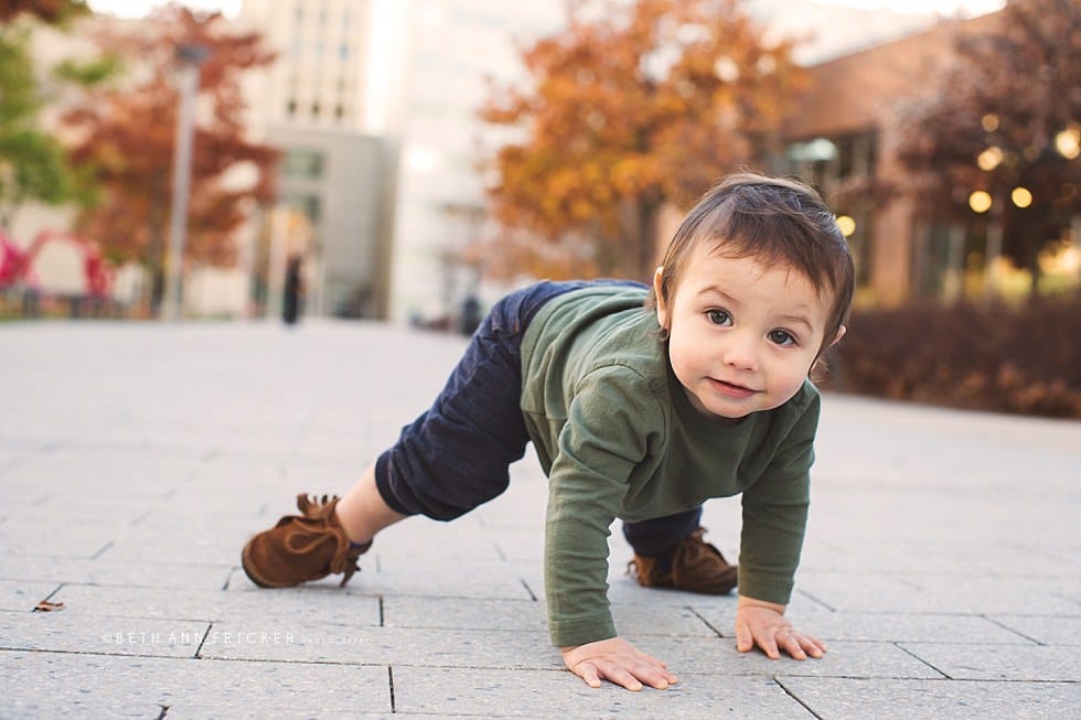 crawling baby outside of Stata buidling Cambridge MA Family photographer