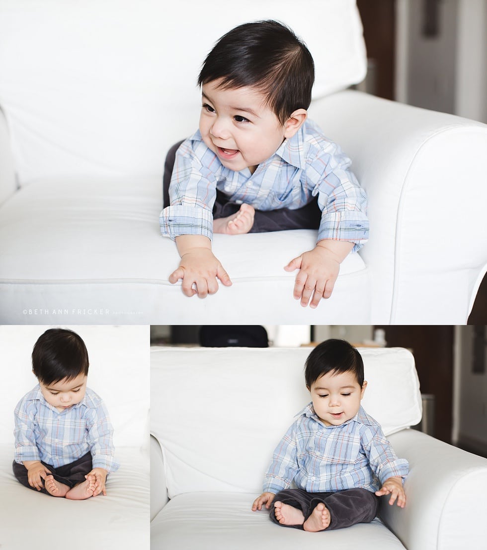 baby on white chair Somerville MA family photographer
