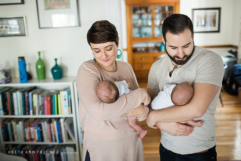 newborn twins with mom and dad Watertown Newborn Photographer