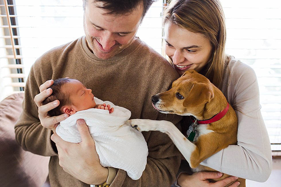 parents holding newborn baby girl and dog Concord Newborn PHotographer