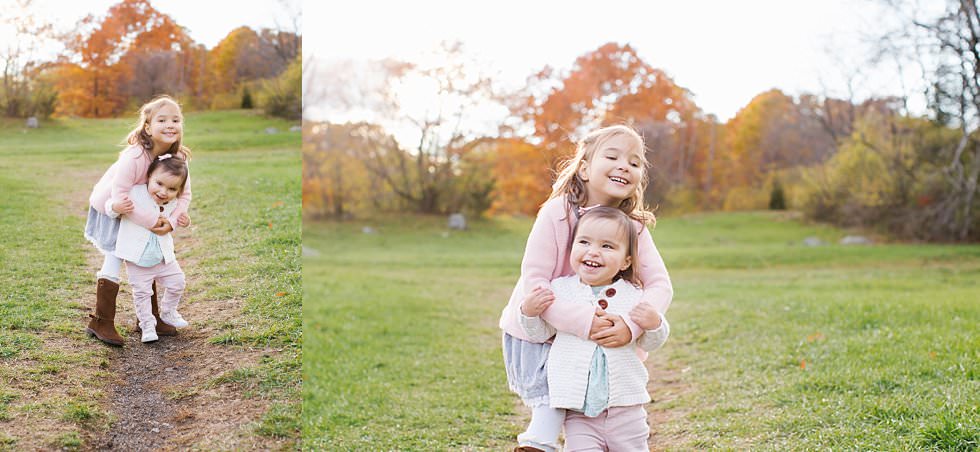 sisters hugging in Boston Energy filled fall family session 