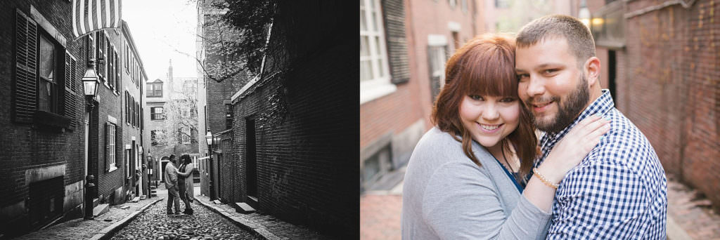 Couple looking at each other on Acorn Street Boston Engagement Photographer