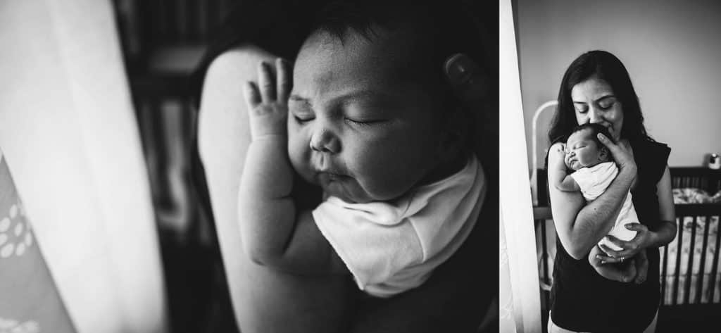 mom holding newborn baby black and white portrait Dedham Newborn Photographer