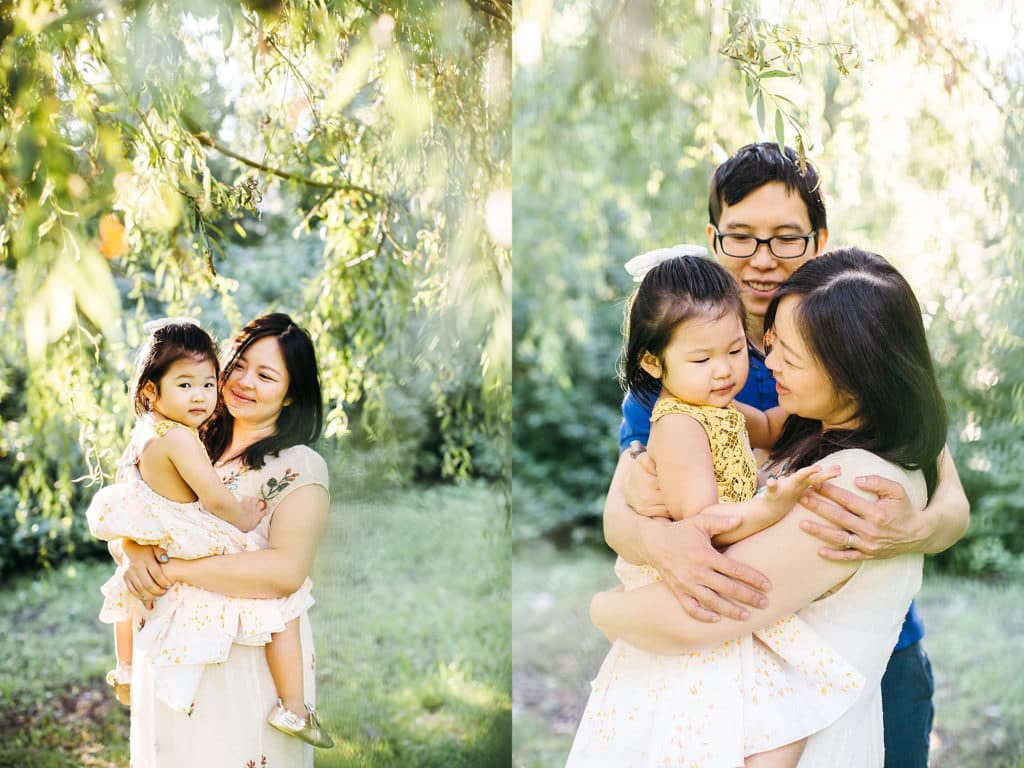 Boston Maternity Photographer family of three hugging under willow tree