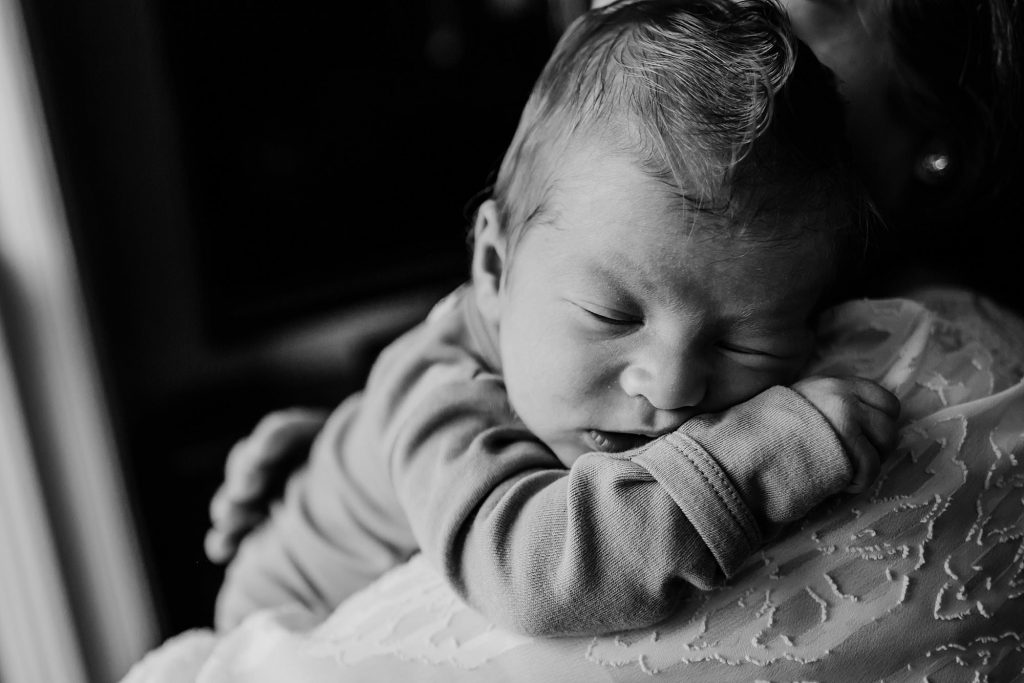 baby resting on mom's shoulder Medford newborn photographer 