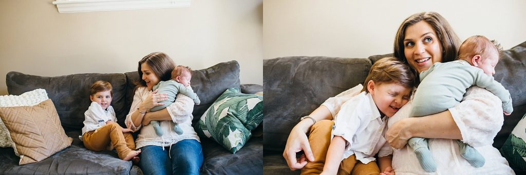 mom sitting with both kids Medford newborn photography