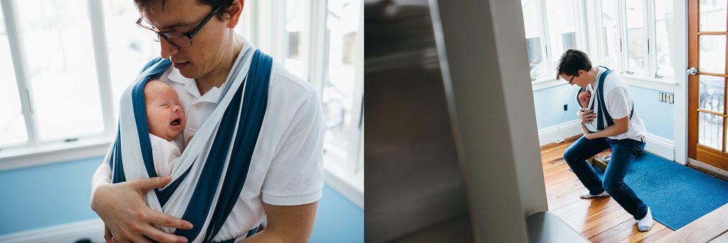 dad with baby in a carrier Melrose newborn photographer