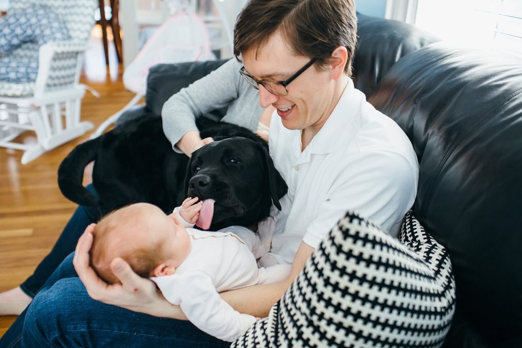 dog licking baby's fingers Melrose newborn photographer