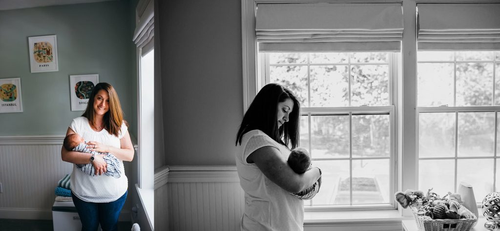 mom holding baby in nursery Newburyport Newborn Photographer