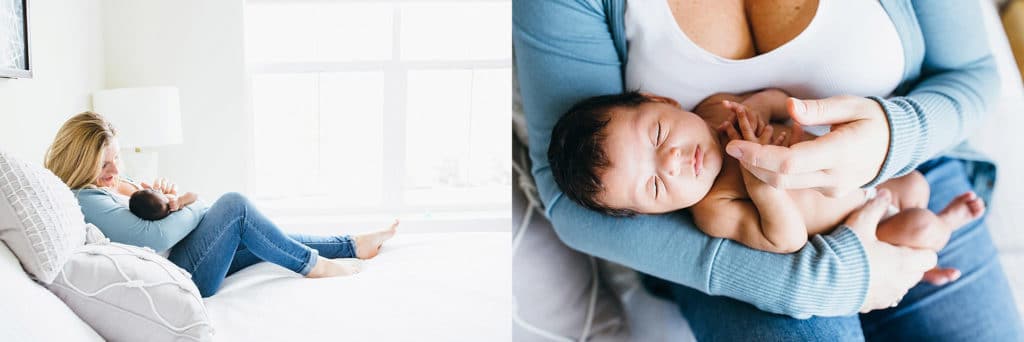 mom holding baby in bed Boston newborn photographer