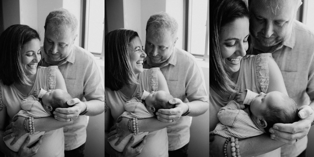black and white portraits of family with baby boston newborn photographer