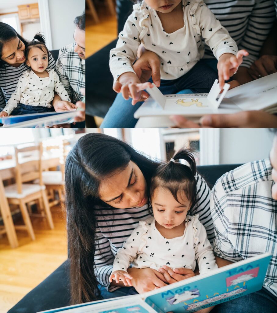 parents reading to one year old baby in Boston home